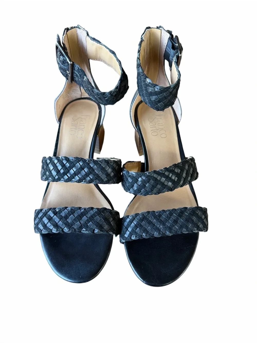 Franco Sarto Black Tate Woven Leather and Fabric Block Heel Sandals Sz 7